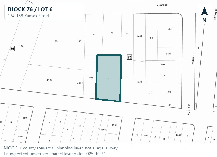 Hackensack tax parcel 0223_76_6 highlighted for 134-138 Kansas Street; listing extent unverified.