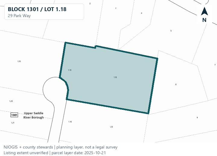 Upper Saddle River tax parcel 0263_1301_1.18 highlighted for 29 Park Way; listing extent unverified.